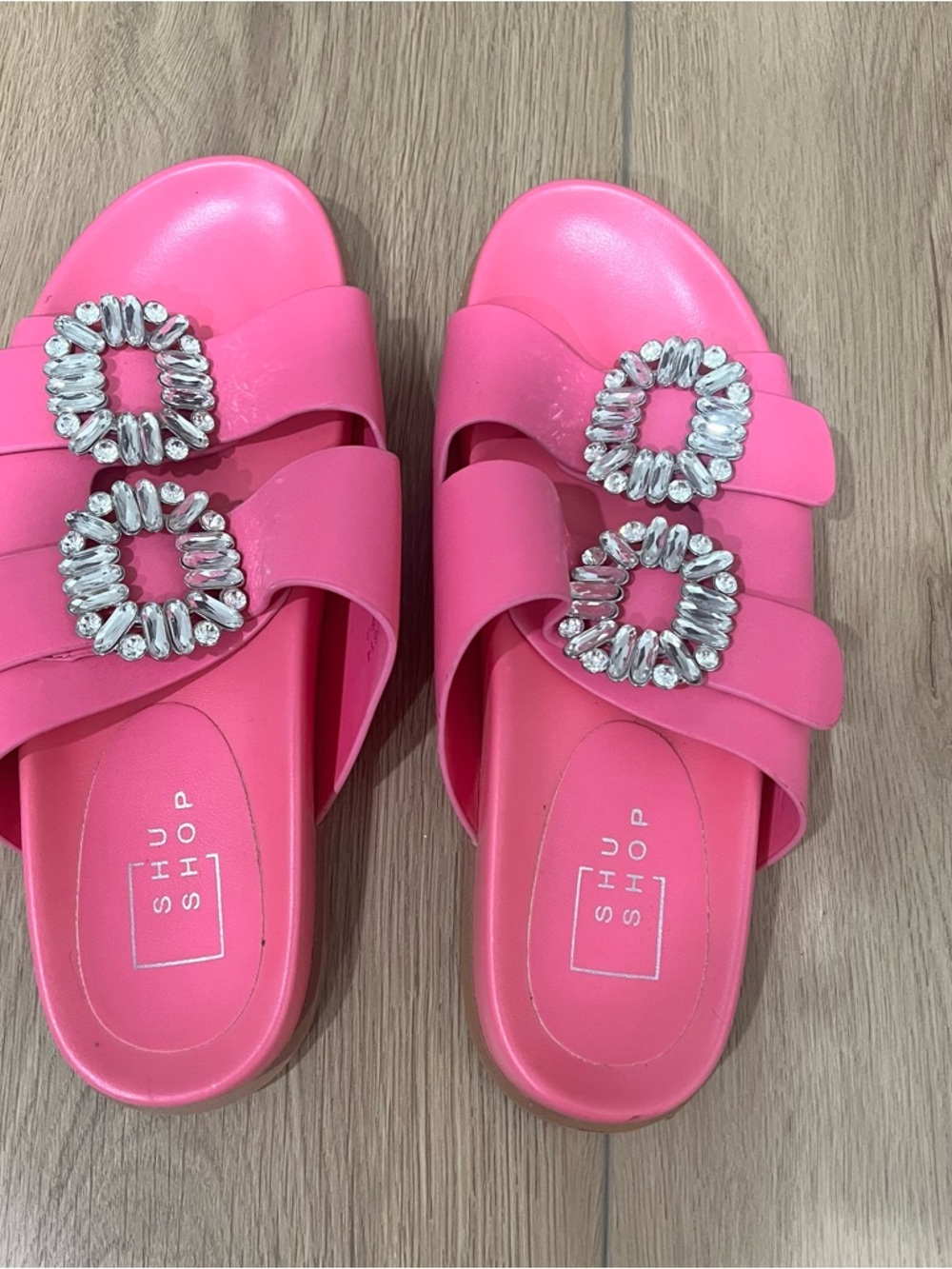 ShuShop Hot Pink Slide Sandals with Crystal Buckles